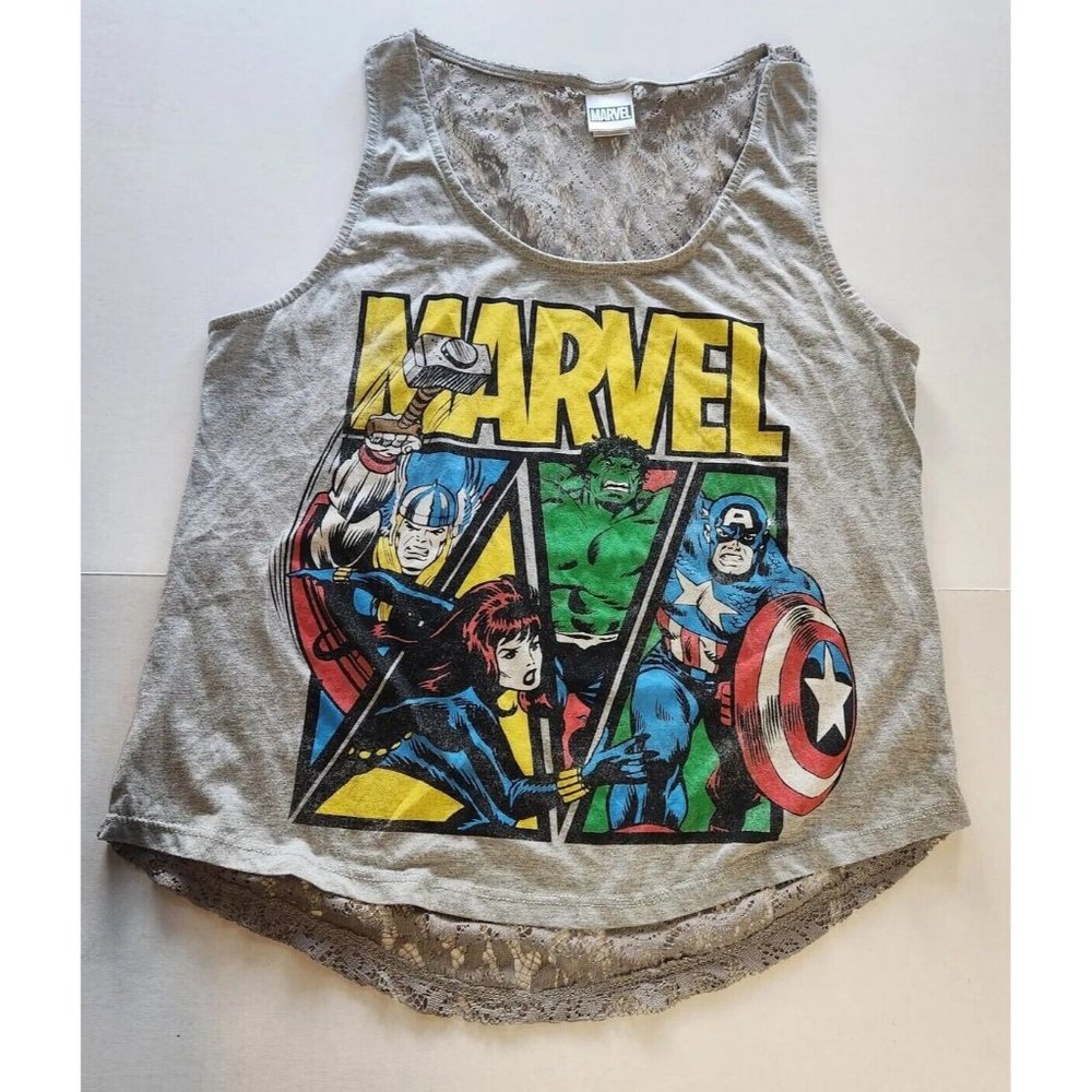Marvel Tank Top Juniors Gray Comic Graphic Sleeveless Lace Back Sz L (11-13)